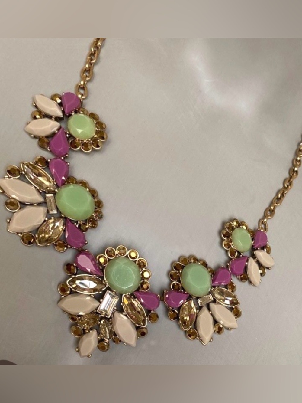 J. CREW Statement Necklace Gold Shiny Rhinestones Green Purple Beige Stones 24” - Picture 4 of 8